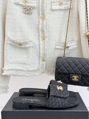 Chanel Quilted Denim Flat Slides Sandal with Foldover G45474 Black 2025 
