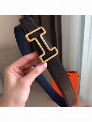 Hermes Tonight Reversible Leather Buckle Belt 38mm Blue/Black/Gold 2019 Collection
