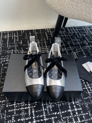 Chanel Mary Janes Calfskin Embossed Pearl Chain Silver