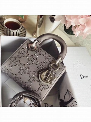Mini Lady Dior bag in gray 'Cannage' satin with rhinestones, detachable chain.