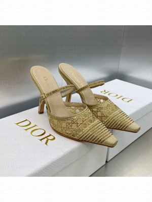 Dior Capture Heel Mules 9.5cm in Gold Cannage Embroidered Mesh with Crystals 2023 