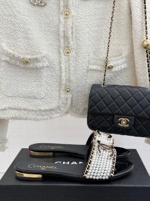 Chanel Pearls and Chain Flat Slides Sandal Black 2025