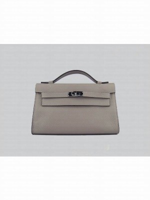 HERMES KELLY 22 CALFSKIN LEATHER CLUTCH BAG IN GRAY 