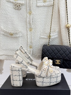 Chanel Tweed & Charm Platform Sandals 9cm G46423 Cream White
