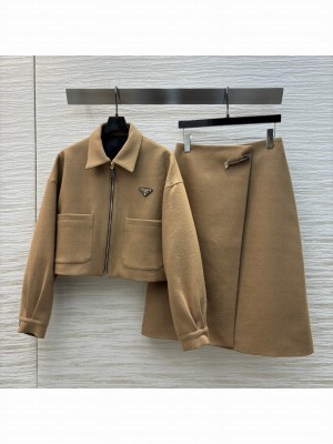 Prada triangle-logo cropped jacket & A-line Skirt Brown