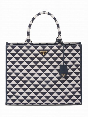 Prada Large Prada Symbole Jacquard Fabric Handbag Blue