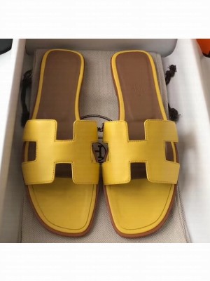 Hermes Oran Flat Slipper Sandals in Swift Box Calfskin Yellow