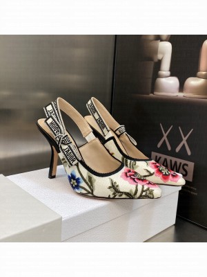 Dior J'Adior Slingback Pumps 9.5cm in White Multicolor Cotton Embroidered with Petites Fleurs Motif 2023