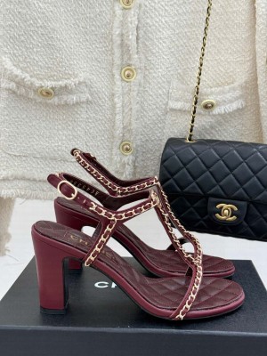 Chanel Lambskin Sandals 8.5cm with Chain and Heart G46109 Burgundy