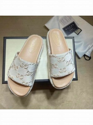Gucci Velvet GG Platform Slide Sandal 573018 Silver/Nude 2021 Collection