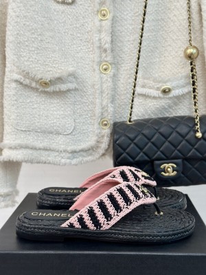Chanel Knit Flat Thong Slides Sandal Light Pink/Black 2024