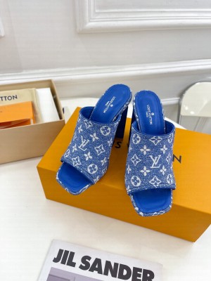 Louis Vuitton Silhouette Slide Sandals 10cm in Leather and Monogram Denim Mule 2023 Blue
