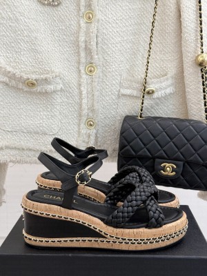 Chanel knit platform heel 7cm sandals black 2025