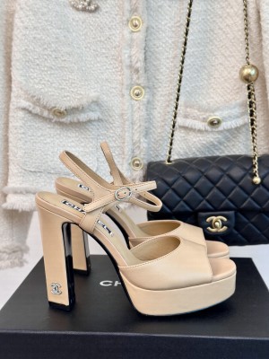 Chanel 12cm Calfskin Platform Sandals Beige 2024 