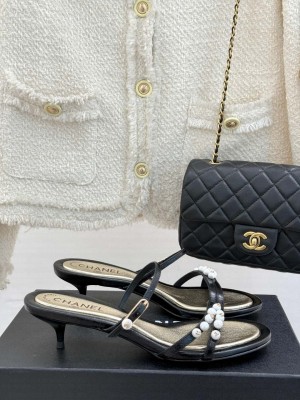 Chanel Vintage Calfskin Heel Sandals 3.5cm with Pearls Black 2025