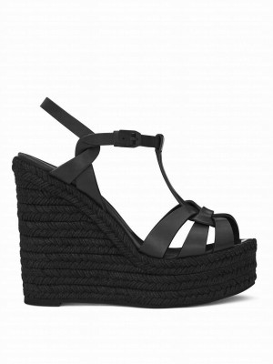 Saint Laurent Women's Tribute Espadrilles Wedge In Smooth Leather Black