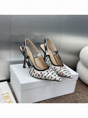Dior J'Adior Dioramour Slingback 9.5cm Pump White Cotton with Embroidered Black and Red Je Vous Adore Motif