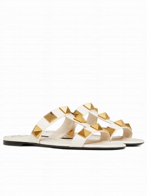 Valentino Women's Roman Stud Flat Calfskin Slide Sandal Cream