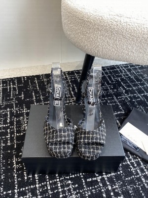 Chanel Platform 4cm Heel 12cm Tweed Sandals Black