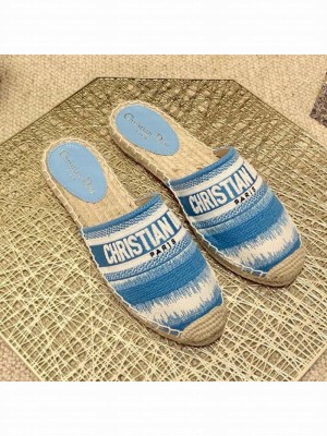 Dior Granville Espadrille Mules in Ocean Blue D-Stripes Embroidered Cotton Spring/Summer 2021 Collection