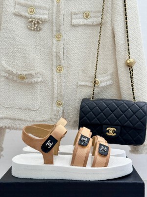 Chanel Velcro Beach Sandals Flat Sandals with Buckle Straps Beige 2025