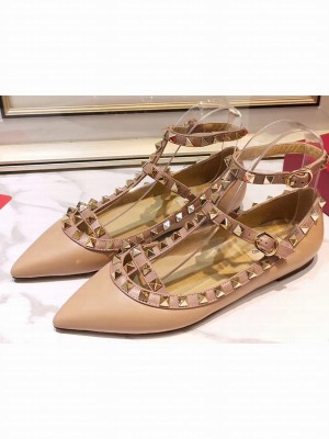 Valentino Rockstud Caged Ankle Strap Ballet Flats Ballerinas in Leather Nude