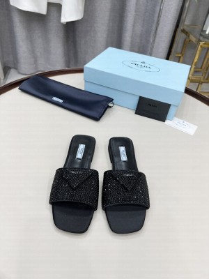 Prada Satin Flat slides sandals With Cryscals 2022 Collection Black