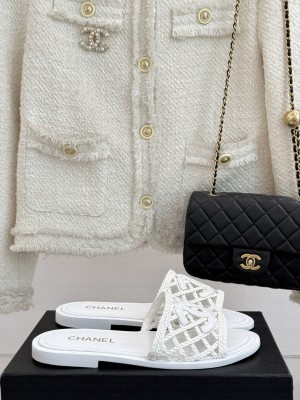 Chanel Calfskin Braided Mesh Flat Slides Sandal White 2025
