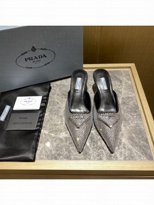 Prada Women's  5.5cm Satin Sandals With Crystals Mule 2022 Collection,Black