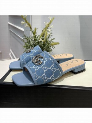 Gucci GG Silver Lamé Canvas Slide Sandals Blue 2021 Collection