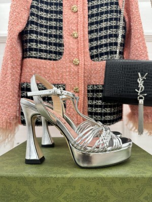 Gucci Lambskin Platform 11cm Heel Sandals with GG Chain 2023 Silver