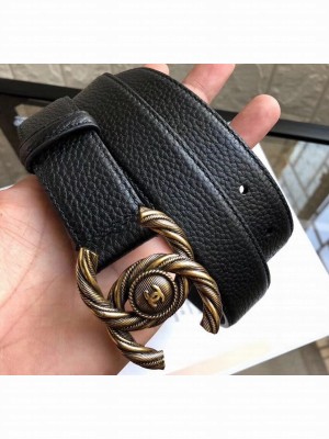 Chanel Width 3cm Braided CC Logo Buckle Leather Belt Grained Black/Gold
