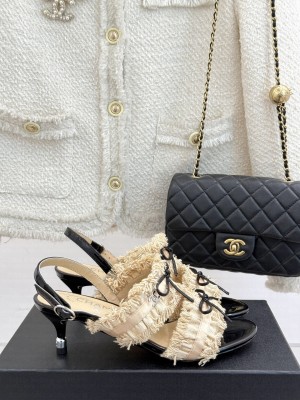 Chanel Fabric Trim Bow Heel 5cm Sandals 2025 Beige