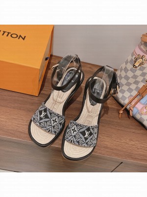 Louis Vuitton Wedge Monogram Open Toe Casual Style Blended Fabrics Street Style black