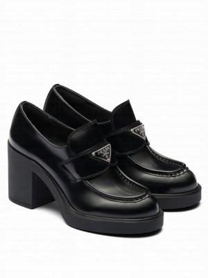 Prada Women's Chocolate High-heeled Brushed Leather Loafers Black