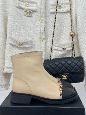 Chanel 4cm Lambskin With Charm Boots Beige