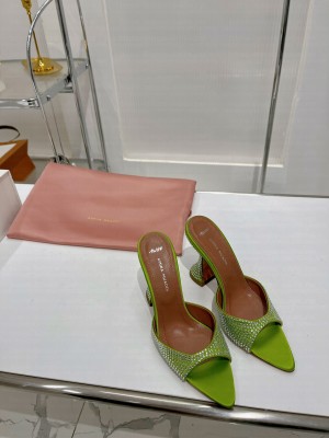 Amina Muaddi Caroline Crystal 9.5cm Slide Satin Mule Sandal Green