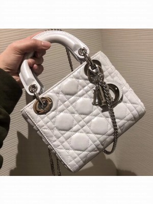 Lady Dior Mini Bag in Cannage with Chain Pearl White