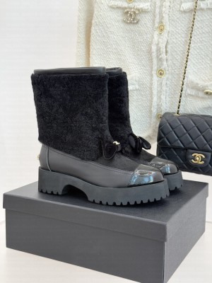 Chanel Shearling Lambskin & Patent Calfskin Black Ankle Boot