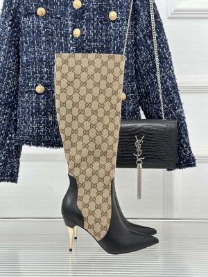 Gucci Metal-Tone Heel High Boots 8.5cm in GG Canvas And Leather Beige 2023