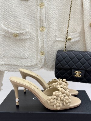 Chanel Lambskin Heel Slides Sandal 8cm with Camellia Bloom beige 2025