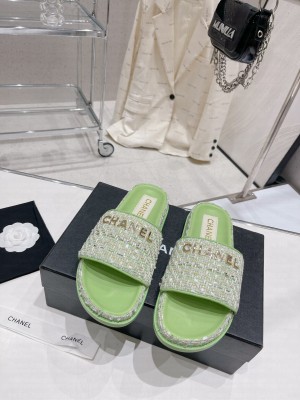 Chanel Tweed Flat Slide Sandals 2023SS Green