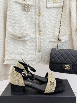 Chanel Velvet & metal Chain CC Logo 4cm Sandals Black 