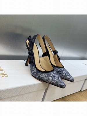 Dior J'Adior Slingback Pumps 9.5cm in Embroidered Cotton Navy