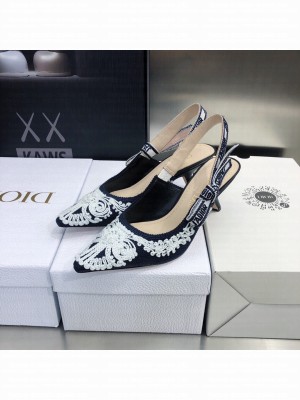 Dior J'Adior Slingback Pumps 6.5cm in Deep Blue and White Cornely-Effect Embroidery 2022 Collection