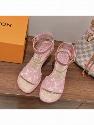 Louis Vuitton Wedge Monogram Open Toe Casual Style Blended Fabrics Street Style Pink