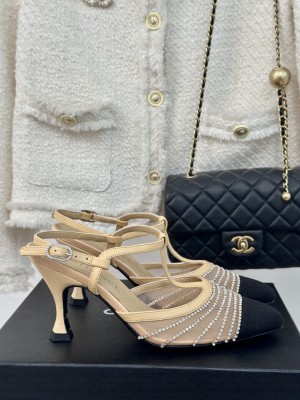 Chanel Lambskin 8.5cm Crystal Mesh Slingbacks Black 2024