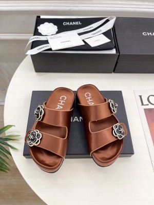 Chanel Camellia platform calf leather mules brown 2025