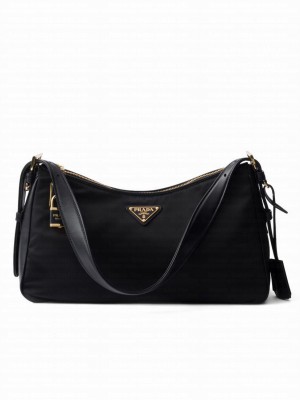 Prada Aimee Large Re-Nylon And Leather Shoulder Bag With Padlock 1BC232 Black