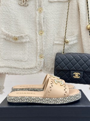 Chanel Cutout Calfskin Flat Slides Sandal Beige 2025